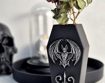 Gotische kistvaas met vleermuis – 3D-geprint Goth Witchy-huisdecor, donker huisdecor, occulte Halloween-decoratie, vampiergotisch cadeau