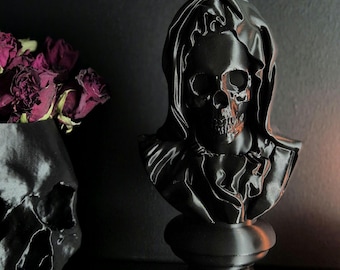 Bustebeeld van Santa Muerte | Gotisch altaardecor | 3D-geprinte schedelsculptuur | Huisdecoratie donkere kunst