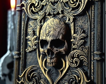 May include: A black and gold book cover with an ornate design. The cover features a skull with gold accents and the text "DOMINGS ROTA TUS MALA, OFIIMA TIMA SOKOL JUSTUS BЕ РАССАТОТ ONOUS LESAI TINHO VERITAS VOS ITSPRASIT ORTALCIUM PATAIRT FILIOT VILLAH HT SPIRITOS SANCXTRACT CABSAR NON POSSSTECARE HASEMUS PARAM NON POSSR NON PRO ESAR".