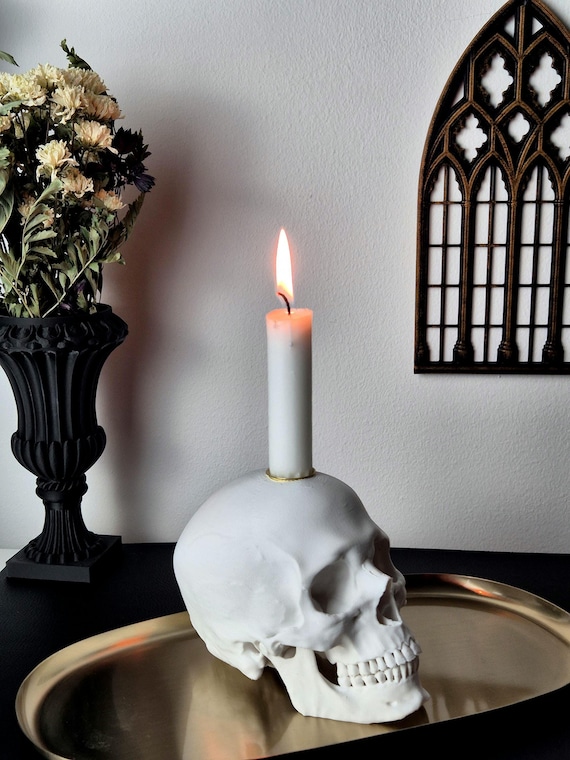 Skull Candle Holder – Gothic Human Skull Candlestick, Black or