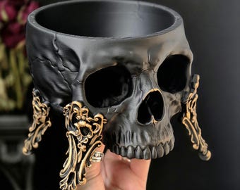 Gotisk dödskalleskål, barock rokoko prydnadsfat, svartguld 3D-tryckt dödskalledekor, mörk smyckeshållare