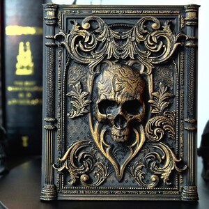 May include: A black book with a gold skull and ornate design. The book is decorated with gold filigree and has a skull on the front cover. The book is closed and standing upright on a table.
