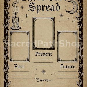 Modello di stesura dei Tarocchi a tre carte - Layout dei Tarocchi Gotici stampabile per letture del Passato, Presente e Futuro