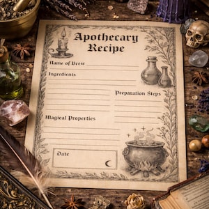 Pagina di ricette di Gothic Apothecary - Modello di diario per pozioni di stregoneria - Download digitale stampabile