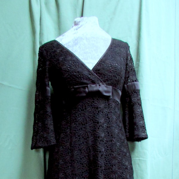 Little black dress, 60s style textured lace, high waist, bell sleeve, cute party/event dress, Xmas dress. Karen Millen pre-loved UK 10 US6