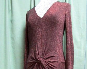 Sexy Fitted Ted Baker Dress Xmas Party Dress, Twisted Front, Long Sleeves,  Glittery Bronze Stretch Fabric Just Above Knee Length Size 2 UK10