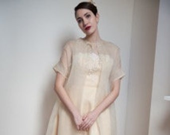 1960s vintage silk organza coat and dress- vintage wedding dress, warm cream off white. Knee length dress / adorable transparent coat UK 10