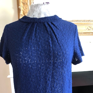 Vintage navy blue 60s mod fitted shift dress roll neck and short sleeve not quite lace  open weave fabric very cute dress vintage 1960s UK12