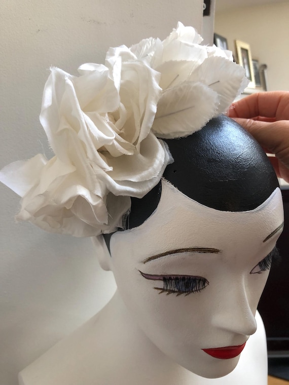 Pair of bridal bridesmaid silk flowers vintage & new decorative flowers for hair headdress millinery, ivory and cream curved to head shape