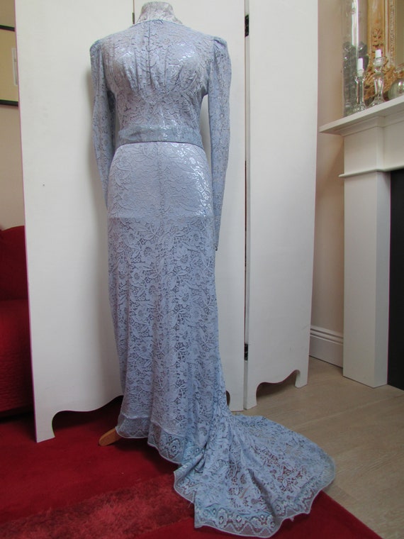 1930s lace pale blue lavender Art Deco evening go… - image 3