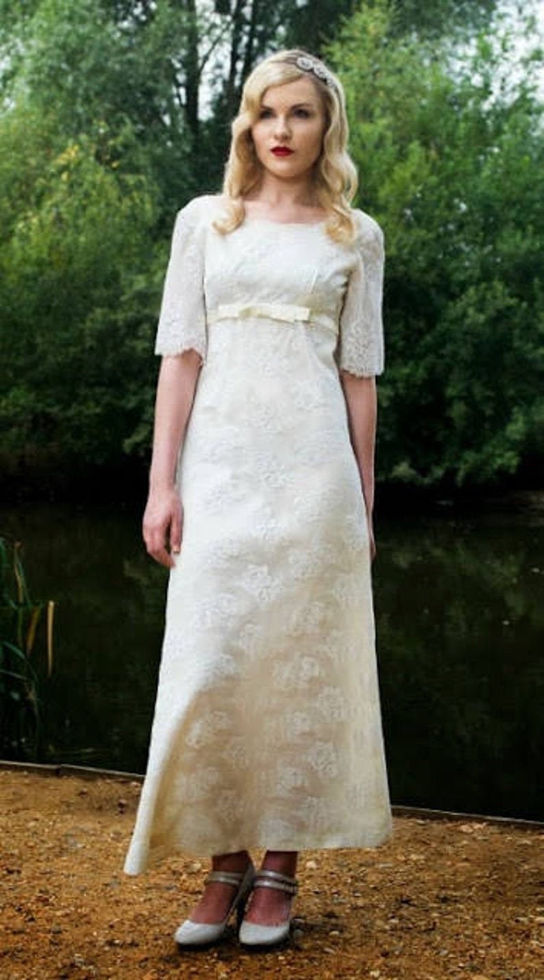 A Line 60s Vintage Wedding Dress With Bell Sleeves Empire Etsy India