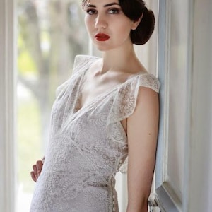 tambour lace dress Vintage 1920s 20s Tambour Lace Wedding Dress Silk Bow Buckle Detail S M