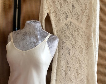 A Beautiful Art Deco cotton lace 1930s dress with satin slip, long lace sleeves, sweet little collar, very elegant well cut dress with train