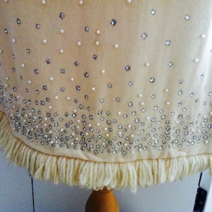 1960s cream fitted sheath dress- very glamorous, 60s cocktail dress with fringed wool hem, diamantes and pearls. Fits like a UK 8 or Small,