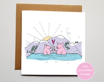 Pigs Date Valentines / Anniversary Card - Hot Tub Love Scene with Shimmer Effect