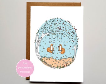 Autumn Fox Love Valentines / Anniversary Card - Foxes on Swings with Shimmer Effect