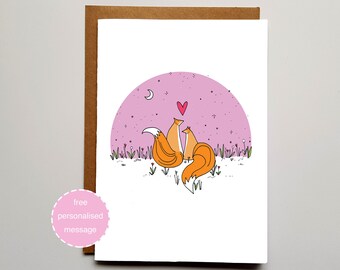 Foxes in Love Valentines / Anniversary Card - Teal Background with Shimmer Effect