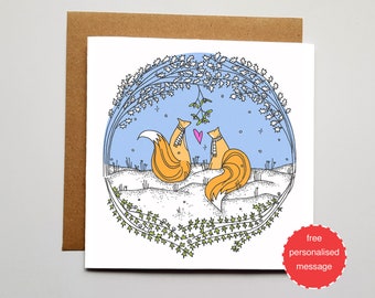 Mistletoe Fox Love Valentines / Anniversary Card - Snowy Christmas Scene with Shimmer Effect
