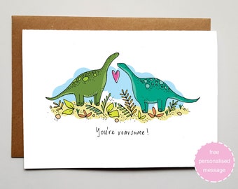 DInosaur Love Valentines / Anniversary Card - 'You're Roarsome!' with Shimmer Effect