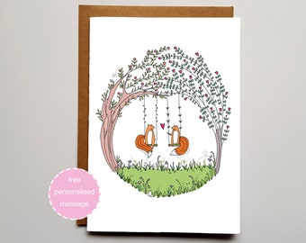 Summer Fox Love Valentines / Anniversary Card - Foxes on Swings with Shimmer Effect