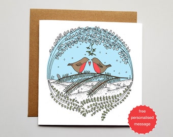 Christmas Love Robins Valentines / Anniversary / Christmas Card - Snowy Christmas Scene with Shimmer Effect