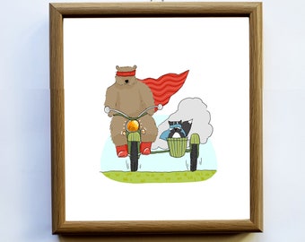 Fathers Day Gift - Fathers Day Print - Side Kick - Bear Art - Raccoon Art