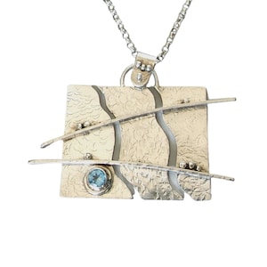Handmade Sterling Silver Zen Style Contemporary Pendant with Blue Topaz Gemstone