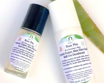 Bare Pits Organic Vegan Aloe Vera Zinc Liquid Natural Roll On Deodorant 1oz or 3oz