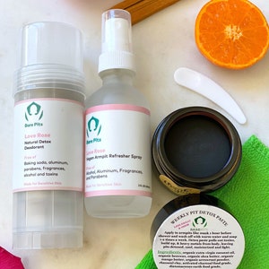 May include: A set of natural deodorant products for sensitive skin. The set includes a Love Rose Natural Detox Deodorant, a Love Rose Vegan Armpit Refresher Spray, and a Weekly Pit Detox Paste. The products are free of baking soda, aluminum, parabens, fragrances, alcohol, and toxins. The detox paste is made with organic coconut oil, shea butter, mango butter, arrowroot powder, rhassoul clay, activated charcoal, diatomaceous earth, aloe vera powder, and essential oils. The products are made for sensitive skin.