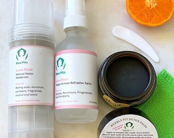 May include: A set of natural deodorant products for sensitive skin. The set includes a Love Rose Natural Detox Deodorant, a Love Rose Vegan Armpit Refresher Spray, and a Weekly Pit Detox Paste. The products are free of baking soda, aluminum, parabens, fragrances, alcohol, and toxins. The detox paste is made with organic coconut oil, shea butter, mango butter, arrowroot powder, rhassoul clay, activated charcoal, diatomaceous earth, aloe vera powder, and essential oils. The products are made for sensitive skin.