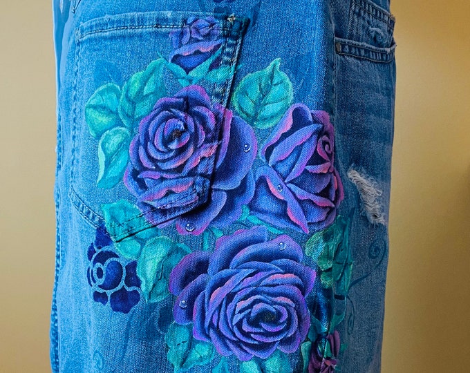 Hand Painted Roses on Denim Skirt - Custom orders also available.