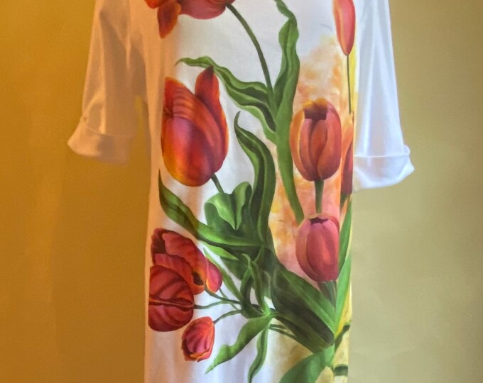 Hand Painted Tulips on White Cotton Blend Dress - Size Large