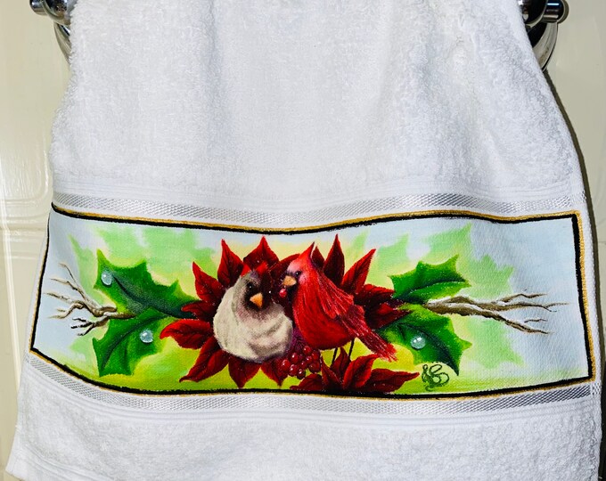 Cardinals Hand Painted Decorative Towel 19” x 12” Cotton Blend.