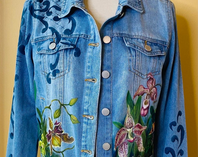 Hand Painted Orchids on Denim Jacket.