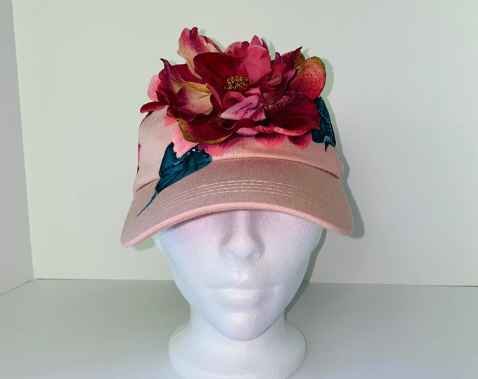 Hand Painted Peonies with Apliques and Glass Beads Cap