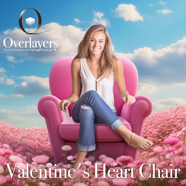 Romantic Valentines Digital Backdrop - Pink Flower Field with Heart Chair, Ideal for Maternity, Children & Pet Photography, Unique Gift Idea