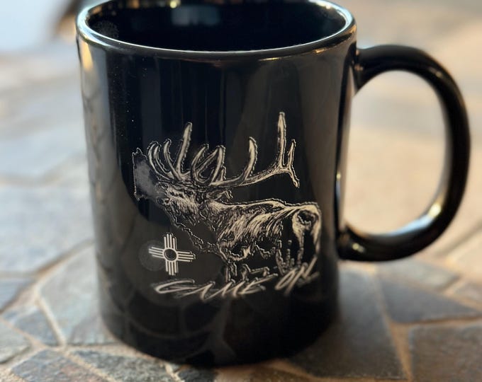 Game On coffee mug with a bull elk and buck.