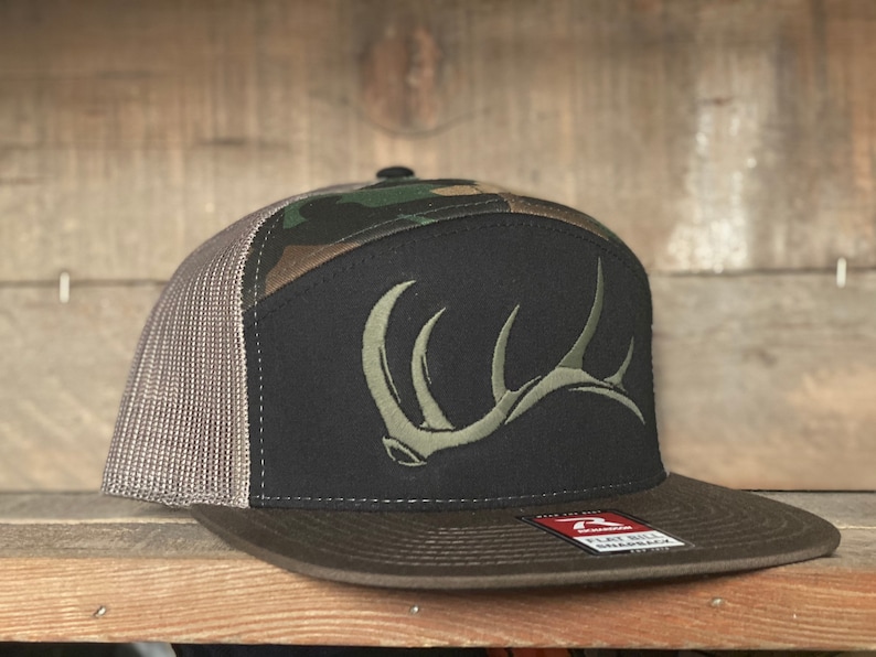 Game On 7 panel Flat Bill bull elk shed snap back hat embroidered image 2