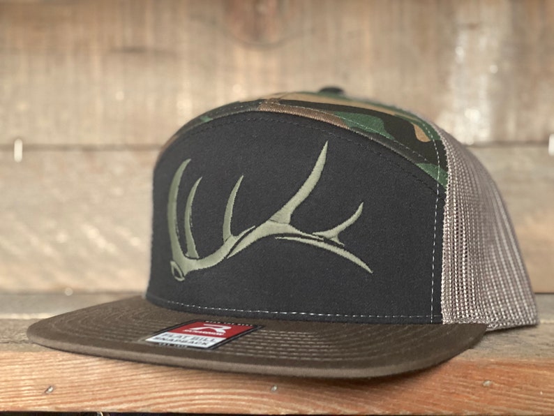 Game On 7 panel Flat Bill bull elk shed snap back hat embroidered image 1