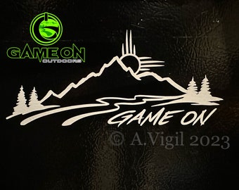 GAME ON Mountain sketch with zia symbol 3.5”x8” die cut sticker. Multiple color options