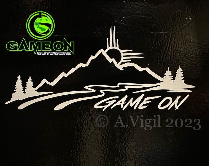 GAME ON Mountain sketch with zia symbol 3”x8” die cut sticker. Multiple color options