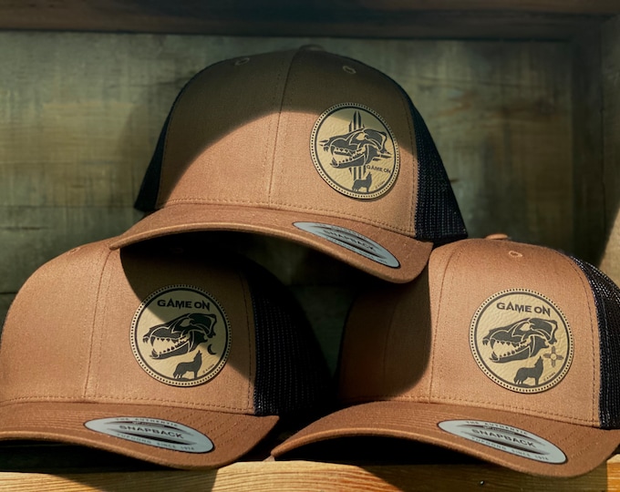 Game On COYOTE hat. Snap back hat in coyote brown available in 3 designs