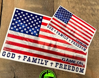 God’s Country American Flag decals. GOD FAMILY FREEDOM. (Comes with two decals)