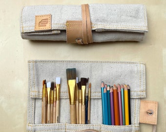 Canvas & Leather paint brush and pencil roll, Paint brush holder, paint brush and pencil roll up pouch, Artist roll, Leather pencil case