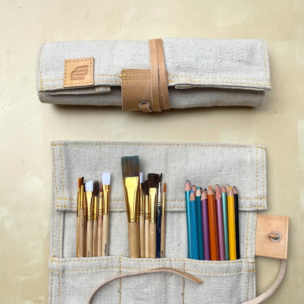 Canvas & Leather paint brush and pencil roll, Paint brush holder, paint brush and pencil roll up pouch, Artist roll, Leather pencil case