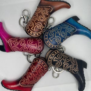 Handmade Leather Cowboy Boot Keychain – Tooled Floral Western Style Accessory