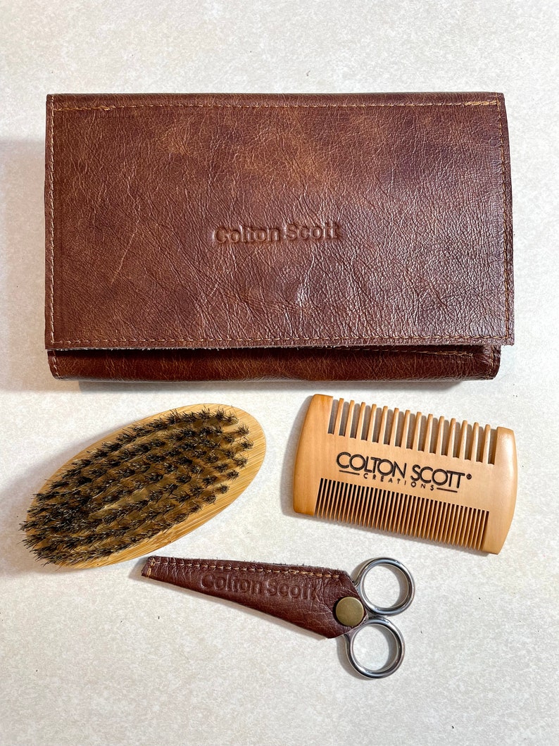 Genuine Leather Travel Beard Care Kit, beard care case, Organizer, Holder, Handmade, Personalized, fathers day gift, beard grooming kit image 1