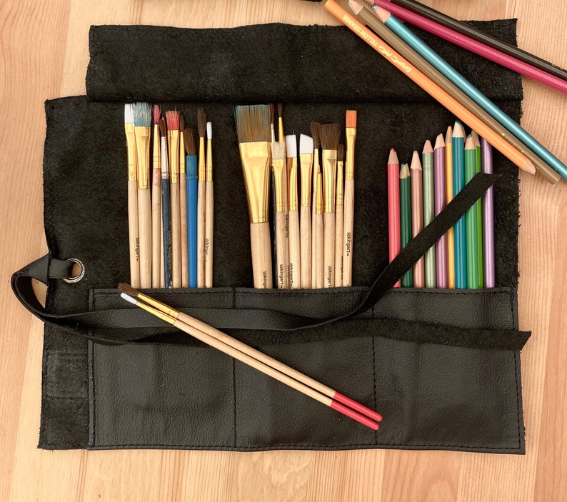 Pincel de cuero y rollo de lápiz, Porta pinceles, pincel y bolsa enrollable de lápiz, Rollo de artista, Estuche de lápiz de cuero imagen 4