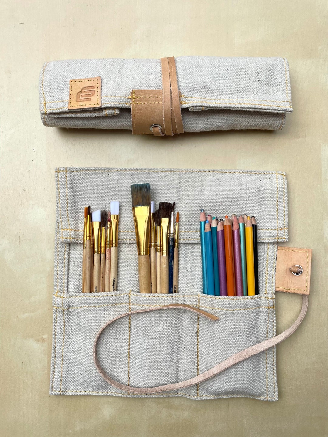 Canvas & Leather Paint Brush and Pencil Roll, Paint Brush Holder, Paint