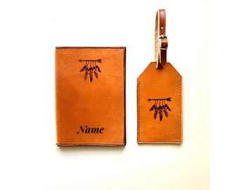 LEATHER PASSPORT COVER/luggage tag/personalized/passport holder/feathers/feather/travel/engraved/tan/genuine leather